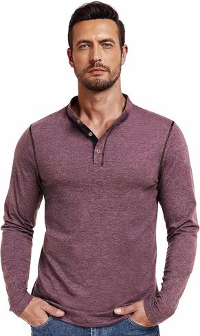 تي شيرت رجالي من PEGENO بأكمام طويلة من Henley قميص كاجوال بياقة مربوطة مصمم بفتحات علوية in Kuwait