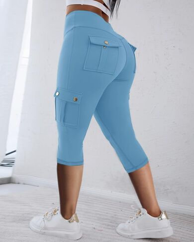 Women Butt Lifting Biker Capris High Waist Stretch Flap Pocket Workout Gym Pants Sporty Activewear Athleisure Cycling Outfit​ in Saudi Arabia