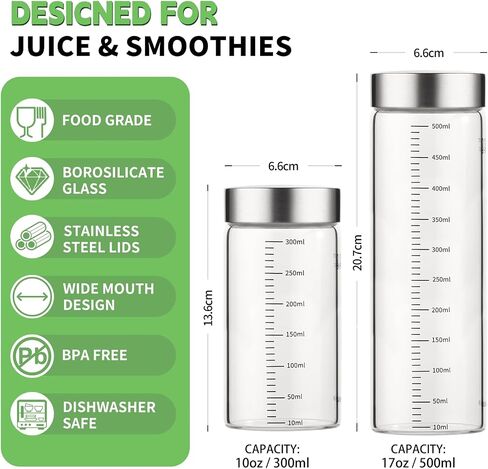 Wide Mouth Reusable Borosilicate Glass Juice Bottles - Leak-Proof Stainless Steel Lids, Food Grade Safe, Fits in Cup Holder for Juicing, Gym, Daily Use (300ML-pack4) in Saudi Arabia