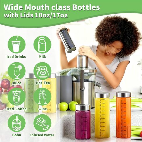 Wide Mouth Reusable Borosilicate Glass Juice Bottles - Leak-Proof Stainless Steel Lids, Food Grade Safe, Fits in Cup Holder for Juicing, Gym, Daily Use (300ML-pack4) in Saudi Arabia