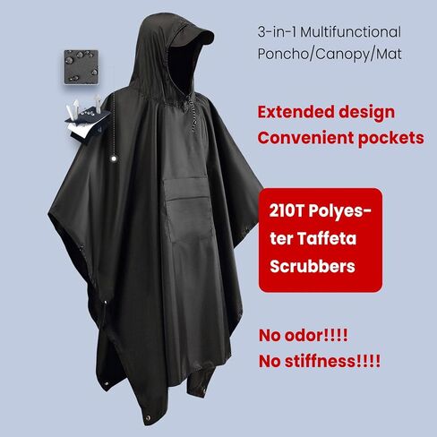 3-in-1 Hooded Rain Poncho for Adults, Waterproof Multi-Functional Outdoor Poncho for Hiking/Camping and Travel， Black Silver-Coated in Saudi Arabia