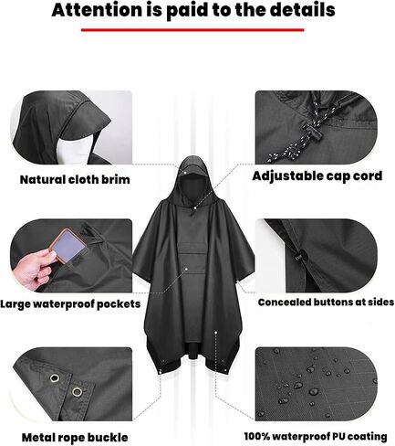 3-in-1 Hooded Rain Poncho for Adults, Waterproof Multi-Functional Outdoor Poncho for Hiking/Camping and Travel， Black Silver-Coated in Saudi Arabia