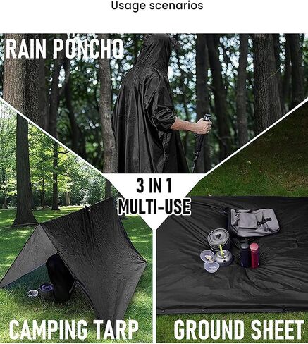 3-in-1 Hooded Rain Poncho for Adults, Waterproof Multi-Functional Outdoor Poncho for Hiking/Camping and Travel， Black Silver-Coated in Saudi Arabia