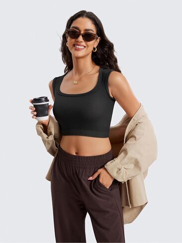 Womens Ribbed Square Neck Crop Tank Top Sleeveless Seamless Slim Fit Basic Cami Shirt in Saudi Arabia