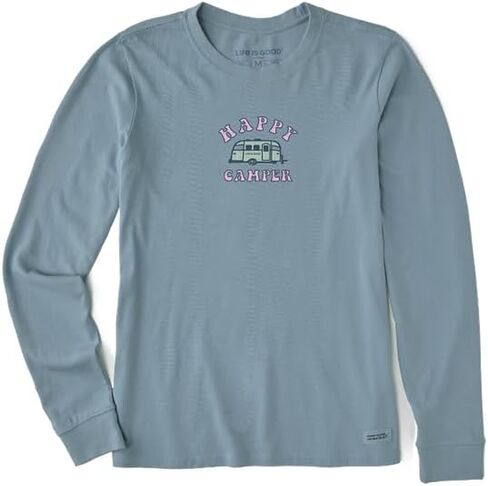 Life is Good. Women's Happy Camper Long Sleeve Crusher Tee, Smoky Blue in Saudi Arabia