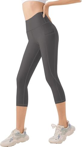 Plus Size High Waisted Yoga Pants for Women with Pockets Capri Leggings for Women Workout Leggings for Women Yoga Capris Grey in Saudi Arabia
