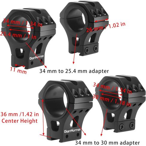 WestHunter Optics حلقات نطاق تتوافق بدقة 11 مم، حامل نطاق تكتيكي 34 مم مع محول 1 بوصة و30 مم | 36 ملم / 1.42 بوصة ارتفاع المركز in Kuwait