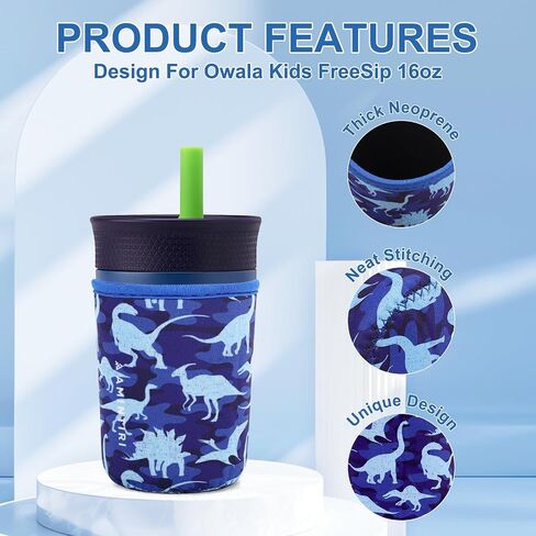 كم لطيف للأطفال Owala 12oz وZak Cup 15oz، غطاء من النيوبرين متوافق مع بهلوان Owala Kids، كوب Zak، زجاجة مياه مقاومة للخدش للأولاد والبنات إلى المدرسة (البحرية دينو) in Kuwait