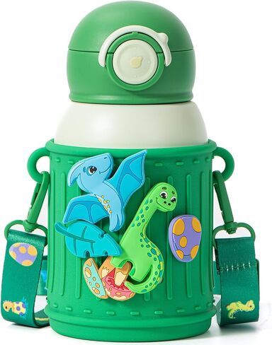 Kids Insulated Tumbler Set – 16oz Stainless Steel Water Bottle with Straw & Pour Lids, Screw-On Cup, Adjustable Strap, Silicone Sleeve & Charms – Leakproof BPA-Free Bottle for Boys & Girls in Kuwait