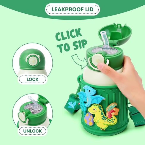Kids Insulated Tumbler Set – 16oz Stainless Steel Water Bottle with Straw & Pour Lids, Screw-On Cup, Adjustable Strap, Silicone Sleeve & Charms – Leakproof BPA-Free Bottle for Boys & Girls in Kuwait