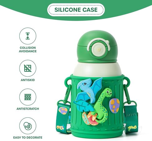 Kids Insulated Tumbler Set – 16oz Stainless Steel Water Bottle with Straw & Pour Lids, Screw-On Cup, Adjustable Strap, Silicone Sleeve & Charms – Leakproof BPA-Free Bottle for Boys & Girls in Kuwait