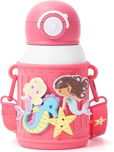 Kids Insulated Tumbler Set – 16oz Stainless Steel Water Bottle with Straw & Pour Lids, Screw-On Cup, Adjustable Strap, Silicone Sleeve & Charms – Leakproof BPA-Free Bottle for Boys & Girls in Kuwait