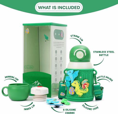 Kids Insulated Tumbler Set – 16oz Stainless Steel Water Bottle with Straw & Pour Lids, Screw-On Cup, Adjustable Strap, Silicone Sleeve & Charms – Leakproof BPA-Free Bottle for Boys & Girls in Kuwait