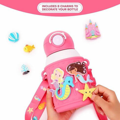 Kids Insulated Tumbler Set – 16oz Stainless Steel Water Bottle with Straw & Pour Lids, Screw-On Cup, Adjustable Strap, Silicone Sleeve & Charms – Leakproof BPA-Free Bottle for Boys & Girls in Kuwait
