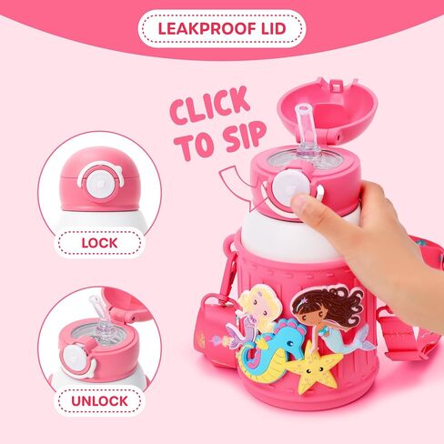 Kids Insulated Tumbler Set – 16oz Stainless Steel Water Bottle with Straw & Pour Lids, Screw-On Cup, Adjustable Strap, Silicone Sleeve & Charms – Leakproof BPA-Free Bottle for Boys & Girls in Kuwait
