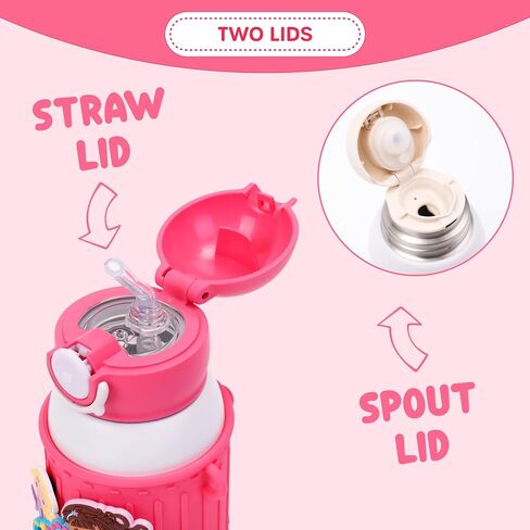 Kids Insulated Tumbler Set – 16oz Stainless Steel Water Bottle with Straw & Pour Lids, Screw-On Cup, Adjustable Strap, Silicone Sleeve & Charms – Leakproof BPA-Free Bottle for Boys & Girls in Kuwait