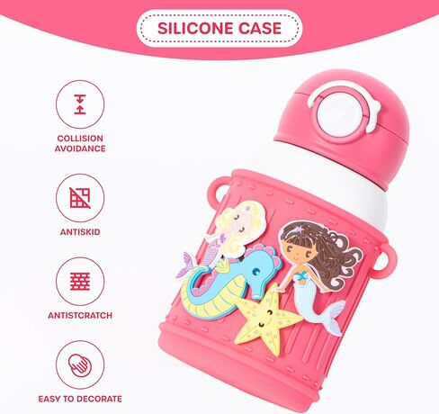 Kids Insulated Tumbler Set – 16oz Stainless Steel Water Bottle with Straw & Pour Lids, Screw-On Cup, Adjustable Strap, Silicone Sleeve & Charms – Leakproof BPA-Free Bottle for Boys & Girls in Kuwait