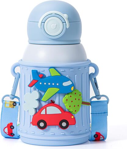 Kids Insulated Tumbler Set – 16oz Stainless Steel Water Bottle with Straw & Pour Lids, Screw-On Cup, Adjustable Strap, Silicone Sleeve & Charms – Leakproof BPA-Free Bottle for Boys & Girls in Saudi Arabia