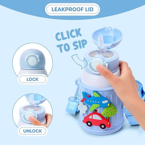 Kids Insulated Tumbler Set – 16oz Stainless Steel Water Bottle with Straw & Pour Lids, Screw-On Cup, Adjustable Strap, Silicone Sleeve & Charms – Leakproof BPA-Free Bottle for Boys & Girls in Saudi Arabia