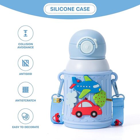 Kids Insulated Tumbler Set – 16oz Stainless Steel Water Bottle with Straw & Pour Lids, Screw-On Cup, Adjustable Strap, Silicone Sleeve & Charms – Leakproof BPA-Free Bottle for Boys & Girls in Saudi Arabia