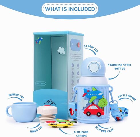 Kids Insulated Tumbler Set – 16oz Stainless Steel Water Bottle with Straw & Pour Lids, Screw-On Cup, Adjustable Strap, Silicone Sleeve & Charms – Leakproof BPA-Free Bottle for Boys & Girls in Saudi Arabia