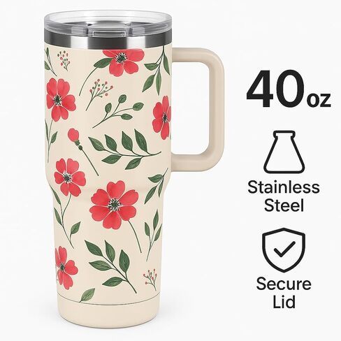 Generic 40oz Stainless Steel Floral Insulated Tumbler with Handle and Leak-Proof Lid, Reusable Travel Mug for Hot & Cold Drinks, Coffee, Water, Tea, Office & Outdoor Use in Saudi Arabia