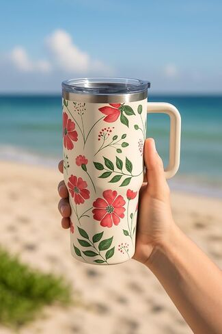 Generic 40oz Stainless Steel Floral Insulated Tumbler with Handle and Leak-Proof Lid, Reusable Travel Mug for Hot & Cold Drinks, Coffee, Water, Tea, Office & Outdoor Use in Saudi Arabia