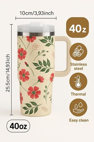 Generic 40oz Stainless Steel Floral Insulated Tumbler with Handle and Leak-Proof Lid, Reusable Travel Mug for Hot & Cold Drinks, Coffee, Water, Tea, Office & Outdoor Use in Saudi Arabia