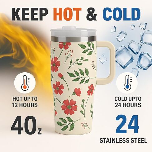 Generic 40oz Stainless Steel Floral Insulated Tumbler with Handle and Leak-Proof Lid, Reusable Travel Mug for Hot & Cold Drinks, Coffee, Water, Tea, Office & Outdoor Use in Saudi Arabia