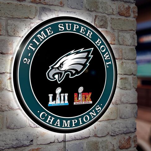 بطولة فريق الرياضة الأمريكية NFL فيلادلفيا إيجلز سوبر بول متعددة الفوز | ديكور لافتة حائط بإضاءة LED رفيعة للغاية | صنع في الولايات المتحدة الأمريكية | ديكور مشجعي كرة القدم للمكتب أو المعيشة أو الألعاب أو غرفة النوم (Round-23") in Saudi Arabia