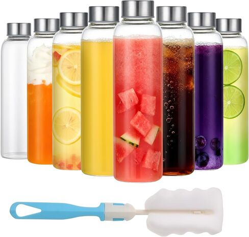 P&C GOODS Glass Juice Bottles with Lids Set of 8, Reusable Clear Glass Water Bottles 18oz with Stainless Steel Cap for Refrigerator, BPA Free and Leak Proof in Saudi Arabia