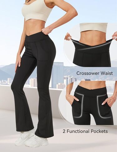 Womens Flare Leggings with Pockets Black Bell Bottom V Cross High Waist Dance Yoga Pants Bootleg Activewear in Saudi Arabia