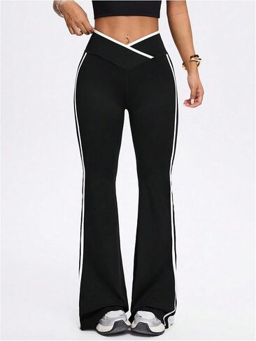 SHENHE Women's Flare Leggings V Crossover Side Stripe Bell Bottom Stretch Bootcut Yoga Pants in Saudi Arabia