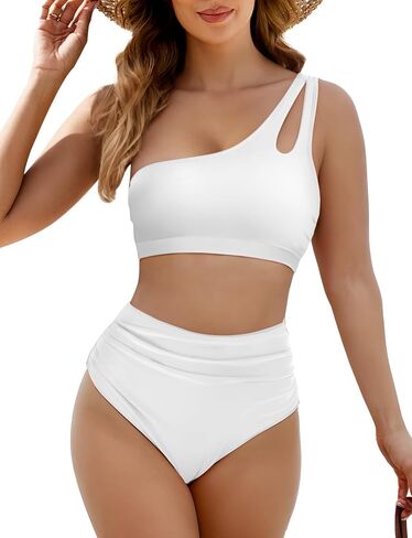 Women's Bikini Swimsuits Two Piece Bathing Suit with One Shoulder Top and High Waisted Tummy Control Bikini Bottom in Saudi Arabia