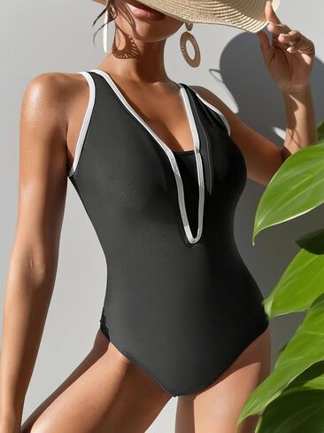 One Piece Swimsuit for Women V Neck Bathing Suit Color Block Tummy Control Swimwear Scoop Back in Saudi Arabia