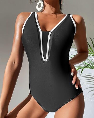 One Piece Swimsuit for Women V Neck Bathing Suit Color Block Tummy Control Swimwear Scoop Back in Saudi Arabia