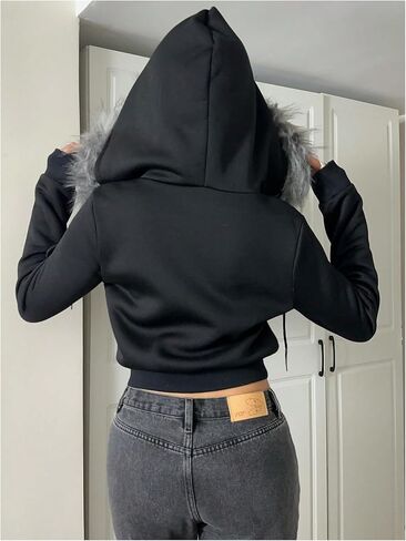 MakeMeChic Women's Fuzzy Hoodie Crop Tops Y2K Faux Fur Long Sleeve Zip Up Sweatshirt in Saudi Arabia