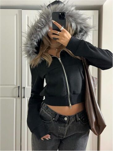 MakeMeChic Women's Fuzzy Hoodie Crop Tops Y2K Faux Fur Long Sleeve Zip Up Sweatshirt in Saudi Arabia
