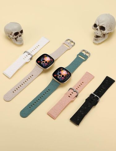 Engraved Skull Band Compatible with Fitbit Versa 4/Versa 3/Sense 2/Sense Bands Women Men, Soft Silicone Sports Straps Breathable Holiday Wristband in Saudi Arabia