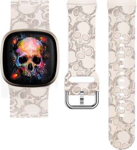 Engraved Skull Band Compatible with Fitbit Versa 4/Versa 3/Sense 2/Sense Bands Women Men, Soft Silicone Sports Straps Breathable Holiday Wristband in Saudi Arabia