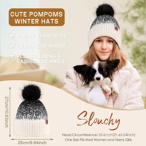 FZ FANTASTIC ZONE Womens Winter Hats Warm Knit Fleece Lined Cap Pompom Beanie Hats for Women Cold Weather in Kuwait