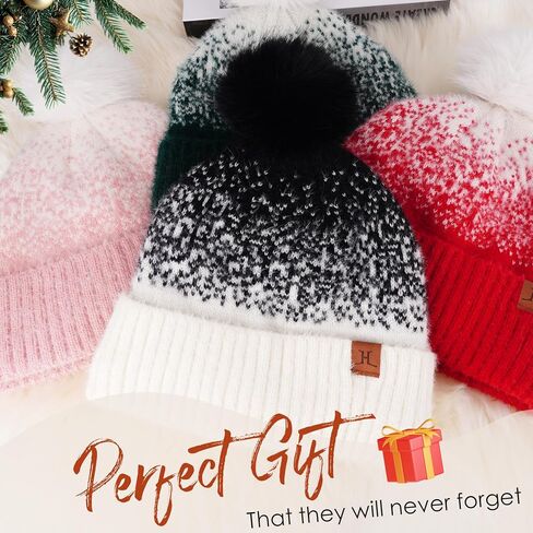 FZ FANTASTIC ZONE Womens Winter Hats Warm Knit Fleece Lined Cap Pompom Beanie Hats for Women Cold Weather in Kuwait