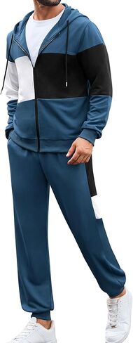 بدلة رياضية للرجال من Babioboa مكونة من قطعتين مع قلنسوة بسحاب كامل وسترة وسترة للركض ومجموعة ألوان كتلة ملابس رياضية للرجال in Kuwait