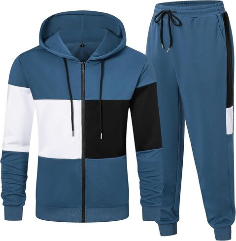 بدلة رياضية للرجال من Babioboa مكونة من قطعتين مع قلنسوة بسحاب كامل وسترة وسترة للركض ومجموعة ألوان كتلة ملابس رياضية للرجال in Kuwait