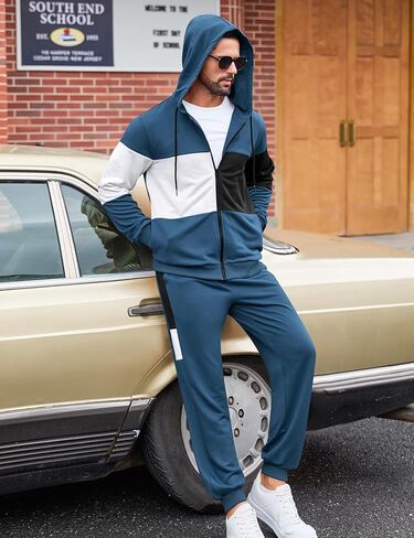 بدلة رياضية للرجال من Babioboa مكونة من قطعتين مع قلنسوة بسحاب كامل وسترة وسترة للركض ومجموعة ألوان كتلة ملابس رياضية للرجال in Kuwait