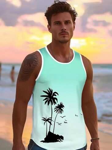 Men's Palm Tree Print Sleeveless Tank Top Vacation Muscle Vest for Summer and Beach in Saudi Arabia