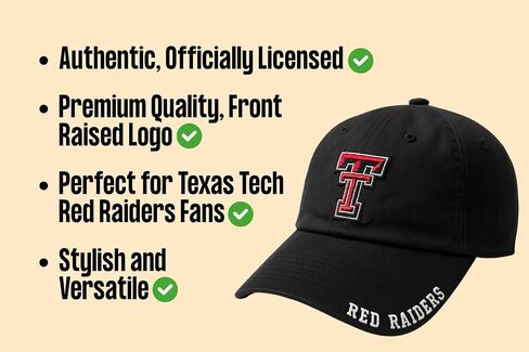 قبعة جامعة Texas Tech مرخصة رسميًا، إصدار كلاسيكي قابل للتعديل، مقاس مريح ومطرز بشعار الفريق in Saudi Arabia