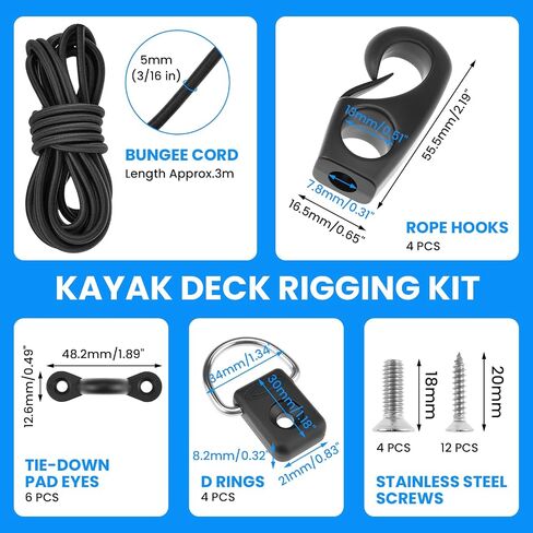 SDTC Tech Kayak Deck Rigging Kit 9.8 Feet Bungee Cord with 4 Bungee Cord Ends Hooks & 4 D-Rings and 6 Tie Down Pad Eyes, Tie Down Boat Deck Line Repair Replacement Parts for Kayak Boat Canoe Accessory in Saudi Arabia