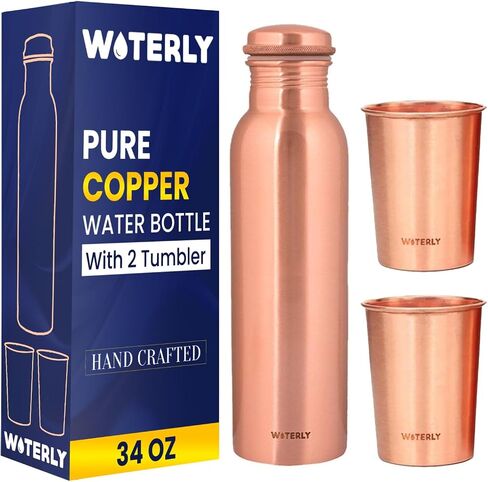Plain Copper Water Bottle (34 Oz /1000ml) With Set Of 2 Tumbler (10 Oz/300ml Each) | Best use for Office,Gym & gifts |100% Pure Copper Material with Leak proof Quality Made In India in Saudi Arabia