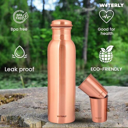 Plain Copper Water Bottle (34 Oz /1000ml) With Set Of 2 Tumbler (10 Oz/300ml Each) | Best use for Office,Gym & gifts |100% Pure Copper Material with Leak proof Quality Made In India in Saudi Arabia